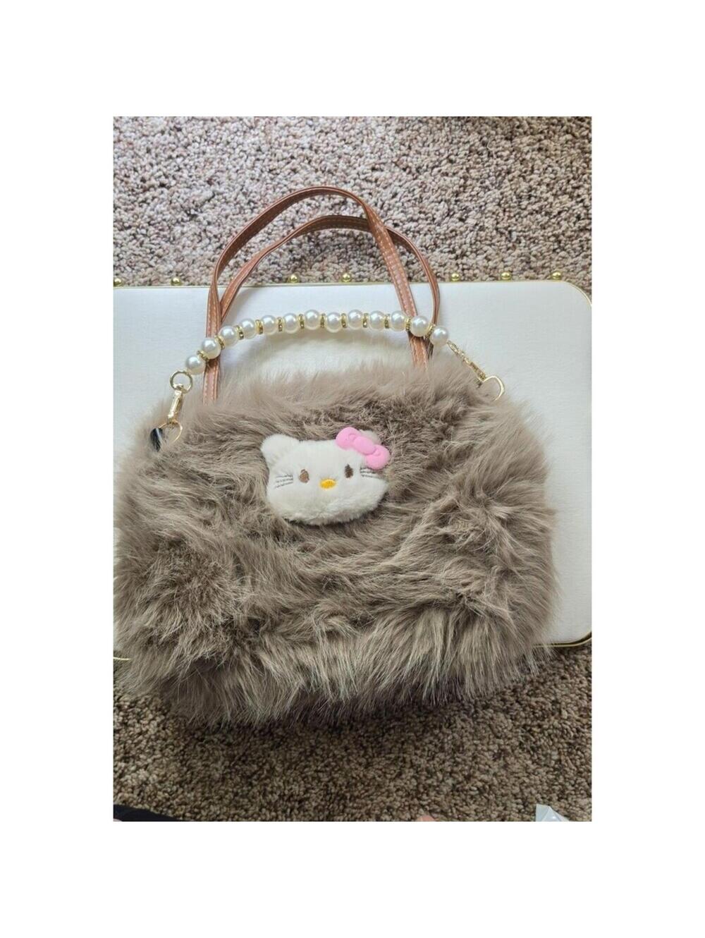 Hello Kitty Faux Fur Handbag with Pearl Handle